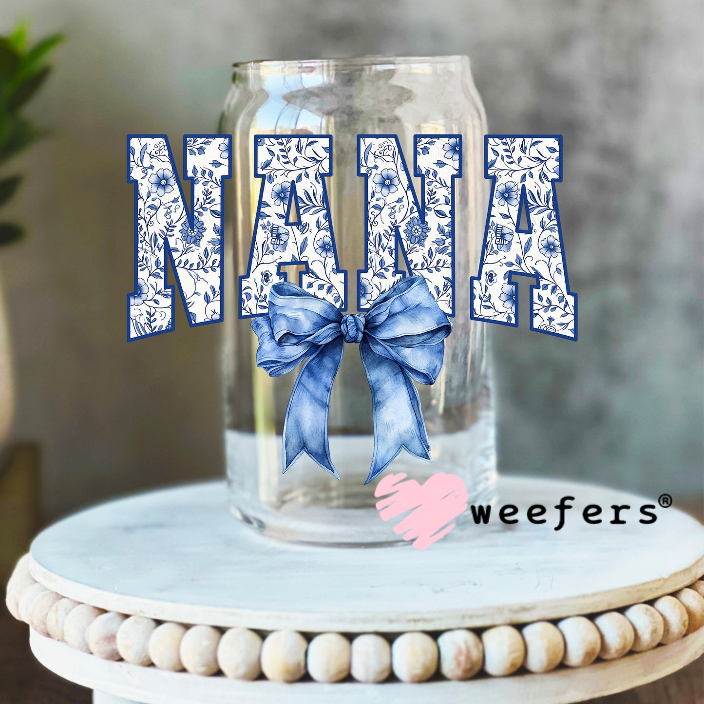 Nana Blue Toile Bow UV DTF Decal 16oz Libbey Glass Original Size Weefers