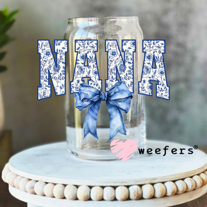 Nana Blue Toile Bow UV DTF Decal 16oz Libbey Glass Original Size Weefers