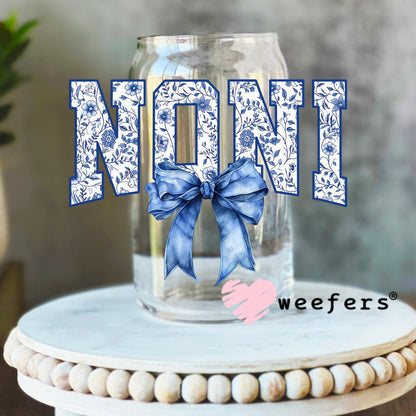 Noni Blue Toile Bow UV DTF Decal 16oz Libbey Glass Original Size Weefers