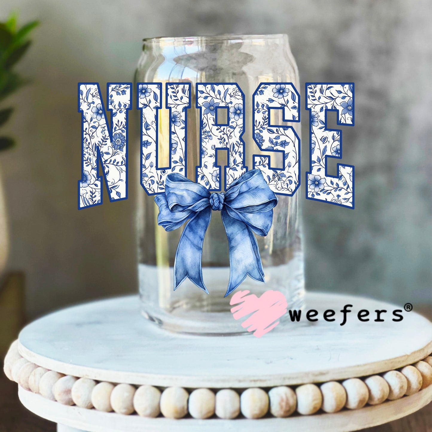 Nurse Blue Toile Bow UV DTF Decal 16oz Libbey Glass Original Size Weefers