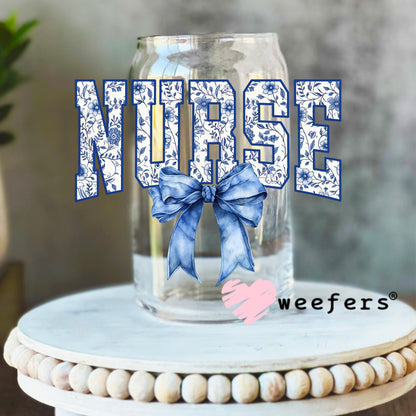 Nurse Blue Toile Bow UV DTF Decal 16oz Libbey Glass Original Size Weefers