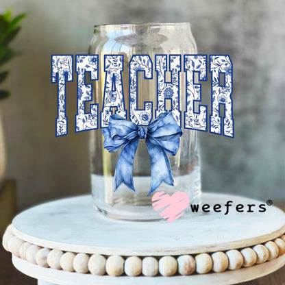 Teacher Blue Toile Bow UV DTF Decal 16oz Libbey Glass Original Size Weefers