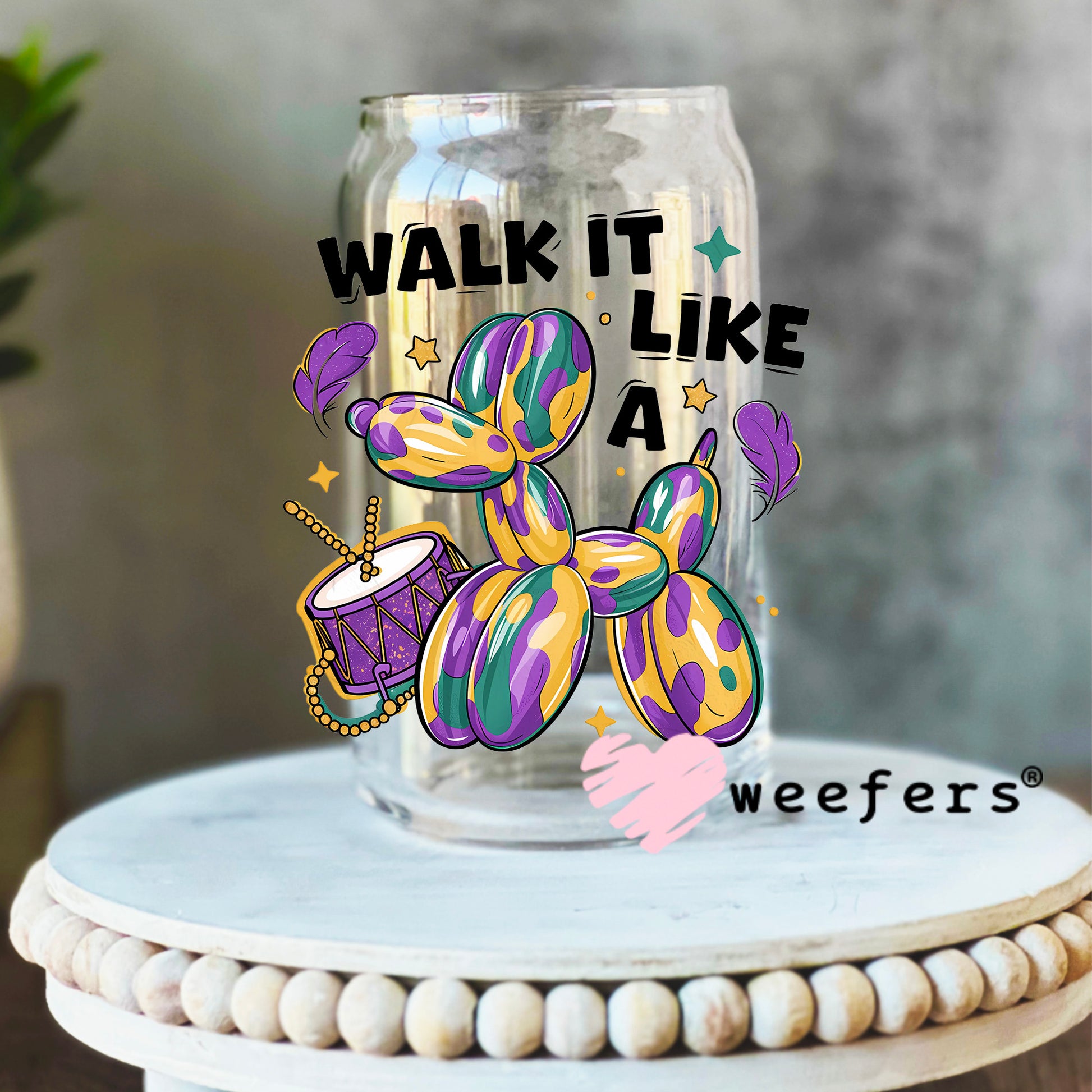 Mardi Gras Balloon Dog UV DTF Decal 16oz Libbey Glass Original Size Weefers