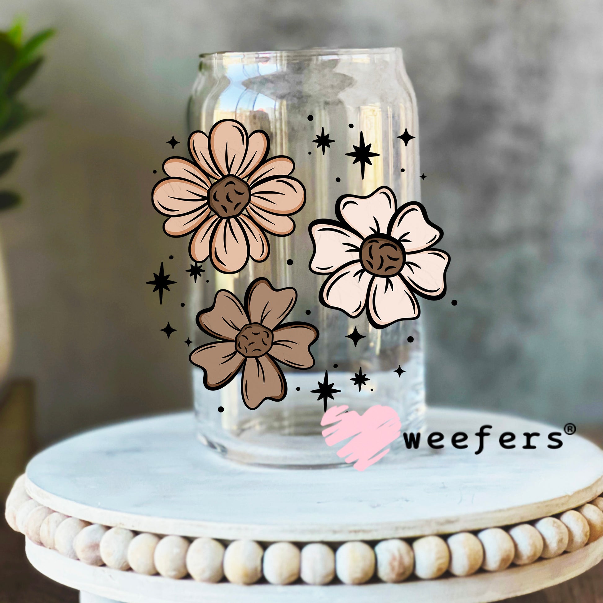 Neutral Brown Florals UV DTF Decal 16oz Libbey Glass Original Size Weefers