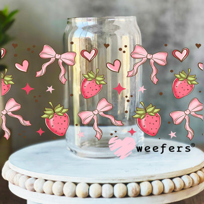 Strawberry Pink Bow Vibes UV DTF Cup Wrap 16oz Libbey Glass Original Size Weefers