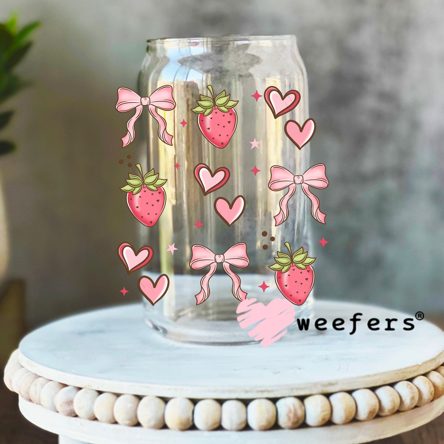 Strawberry Pink Bow Vibes UV DTF Decal 16oz Libbey Glass Original Size Weefers