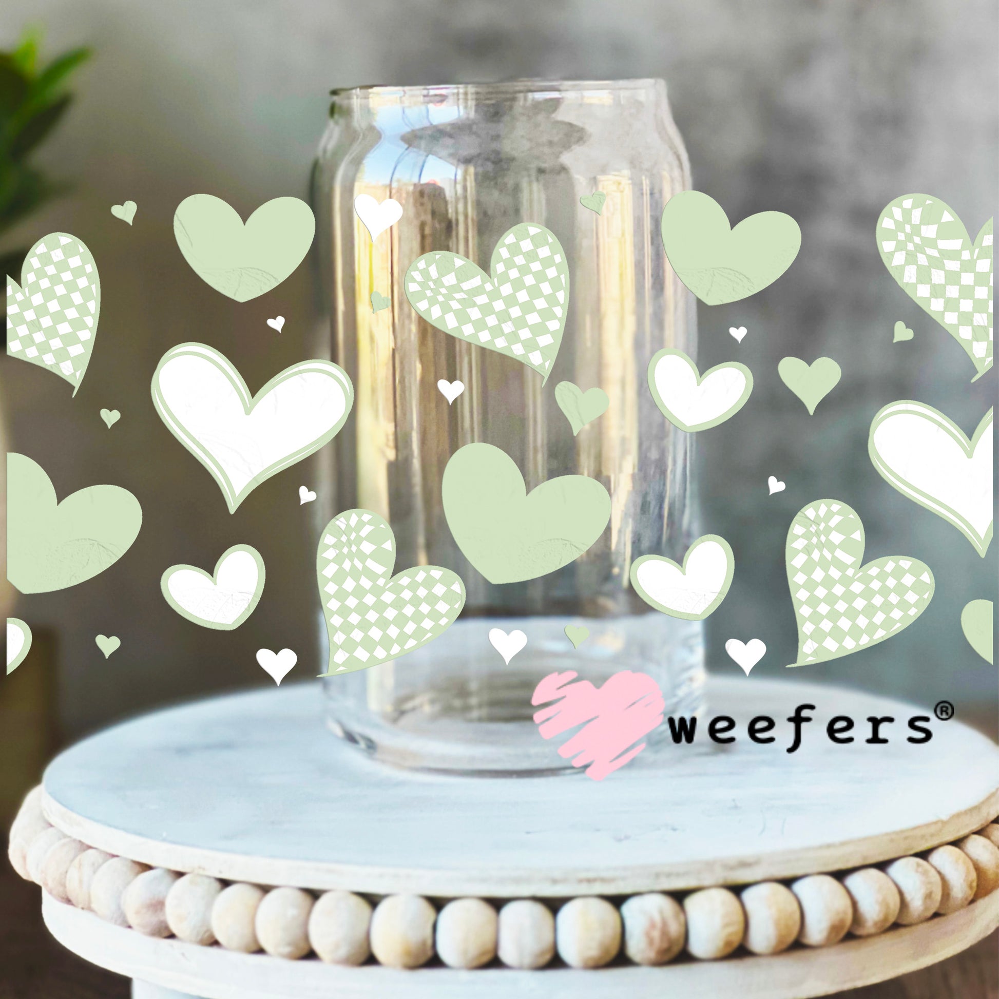 Mint Green Hearts UV DTF Cup Wrap 16oz Libbey Glass Original Size Weefers