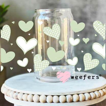 Mint Green Hearts UV DTF Cup Wrap 16oz Libbey Glass Original Size Weefers