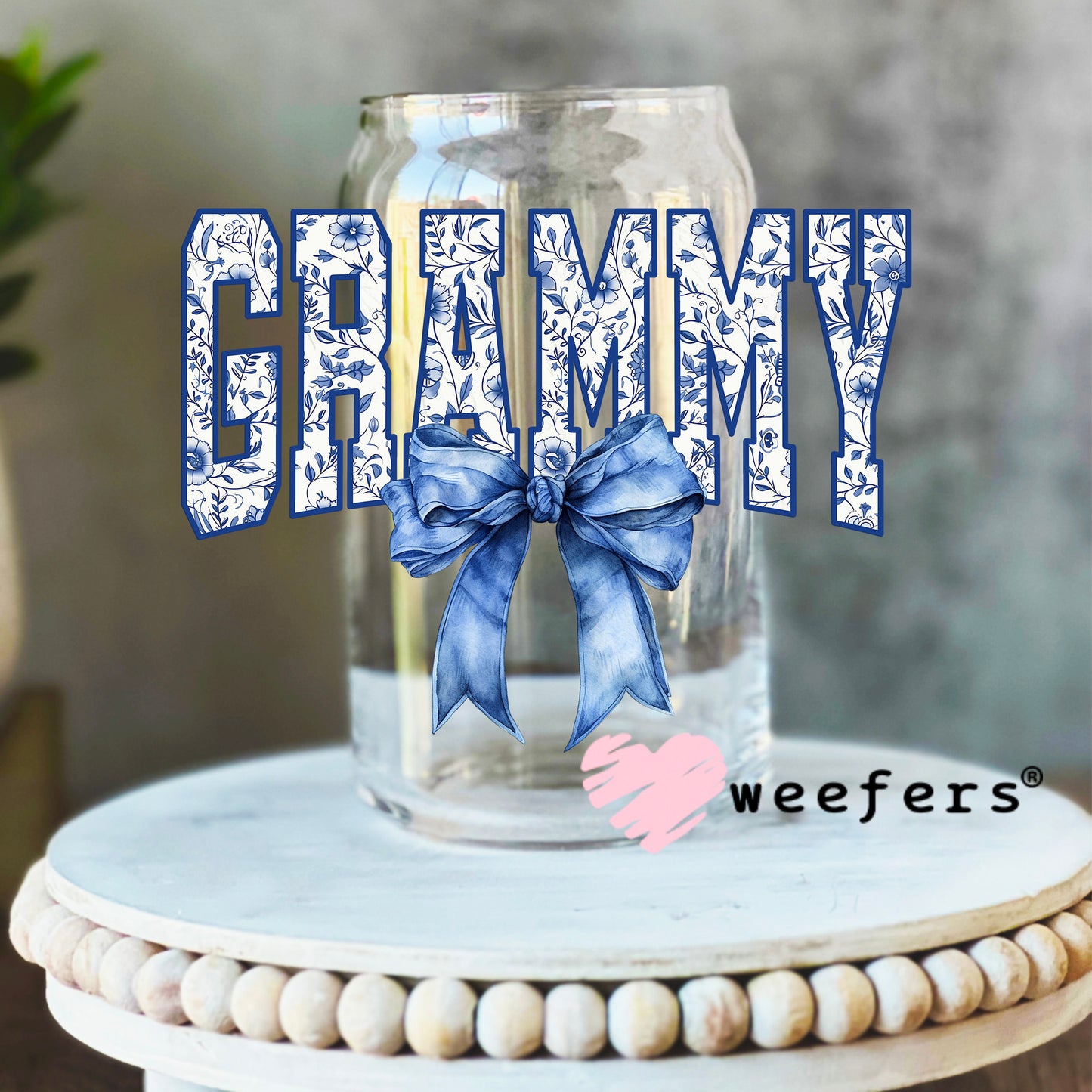 Grammy Blue Toile Bow UV DTF Decal 16oz Libbey Glass Original Size Weefers