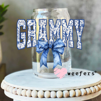 Grammy Blue Toile Bow UV DTF Decal 16oz Libbey Glass Original Size Weefers