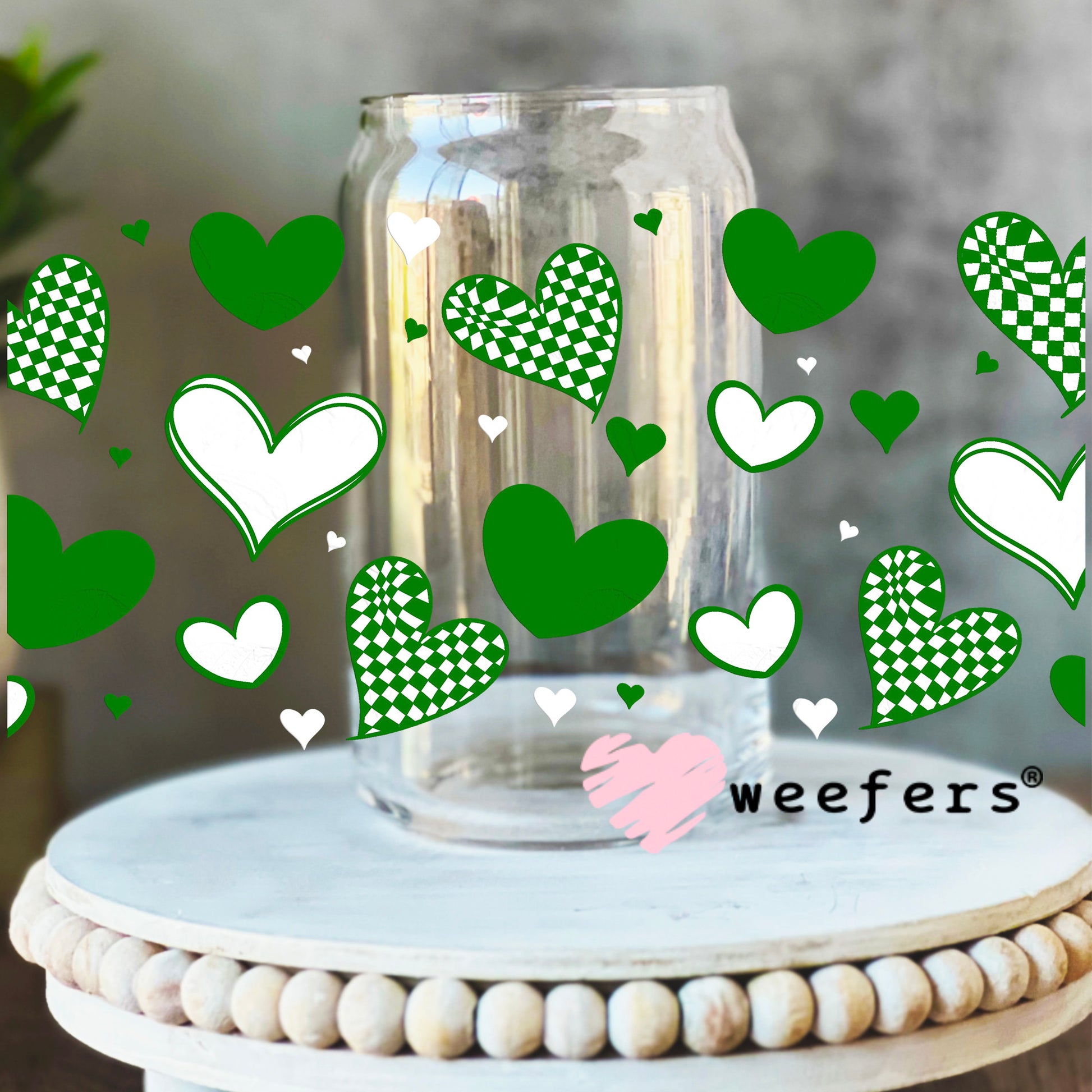 Green Hearts UV DTF Cup Wrap 16oz Libbey Glass Original Size Weefers