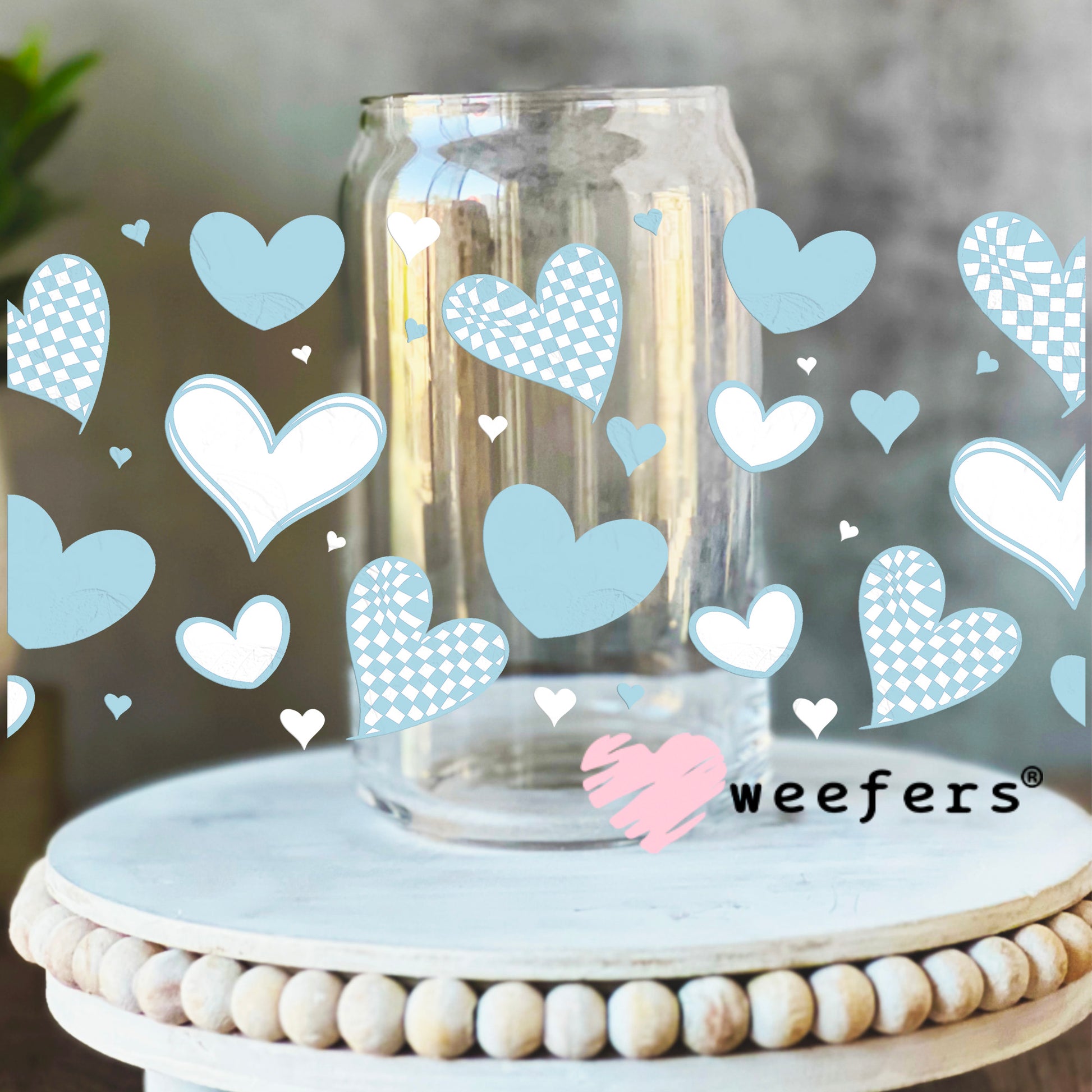 Light Blue Hearts UV DTF Cup Wrap 16oz Libbey Glass Original Size Weefers