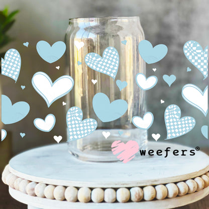 Light Blue Hearts UV DTF Cup Wrap 16oz Libbey Glass Original Size Weefers