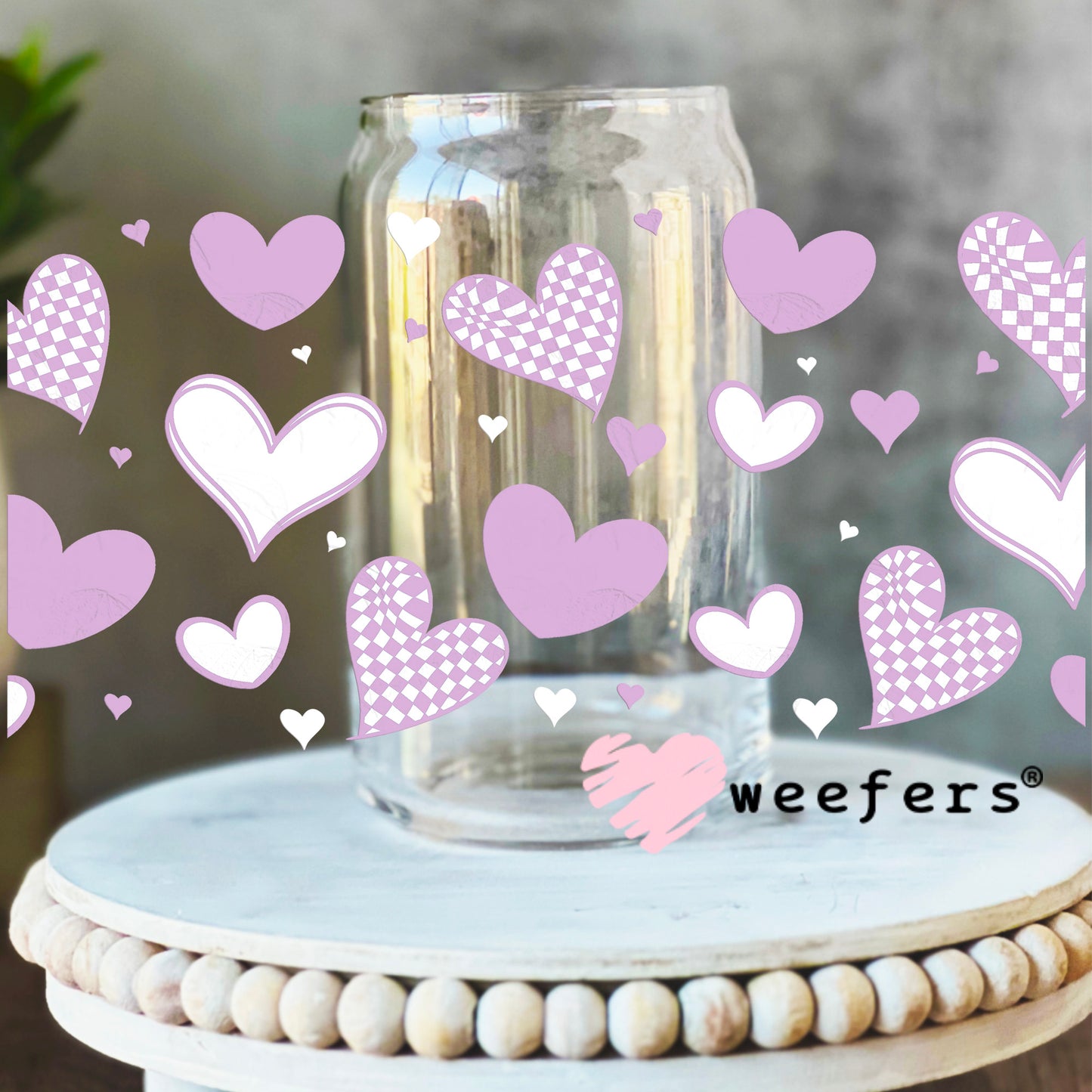 Light Purple Hearts UV DTF Cup Wrap 16oz Libbey Glass Original Size Weefers