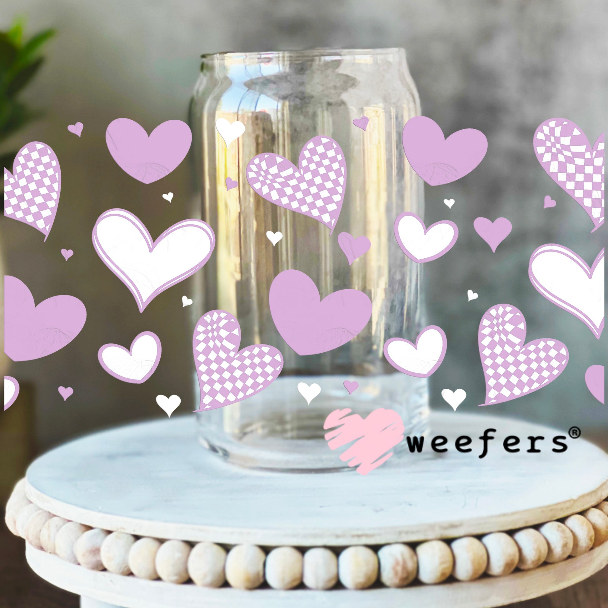 Light Purple Hearts UV DTF Cup Wrap 16oz Libbey Glass Original Size Weefers