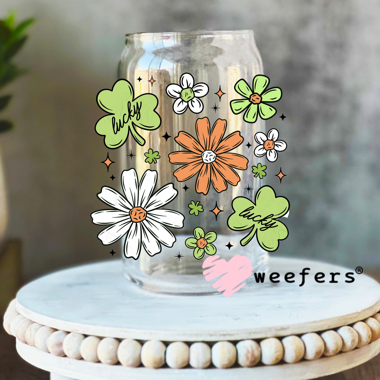 Lucky Flowers UV DTF Decal 16oz Libbey Glass Original Size Weefers