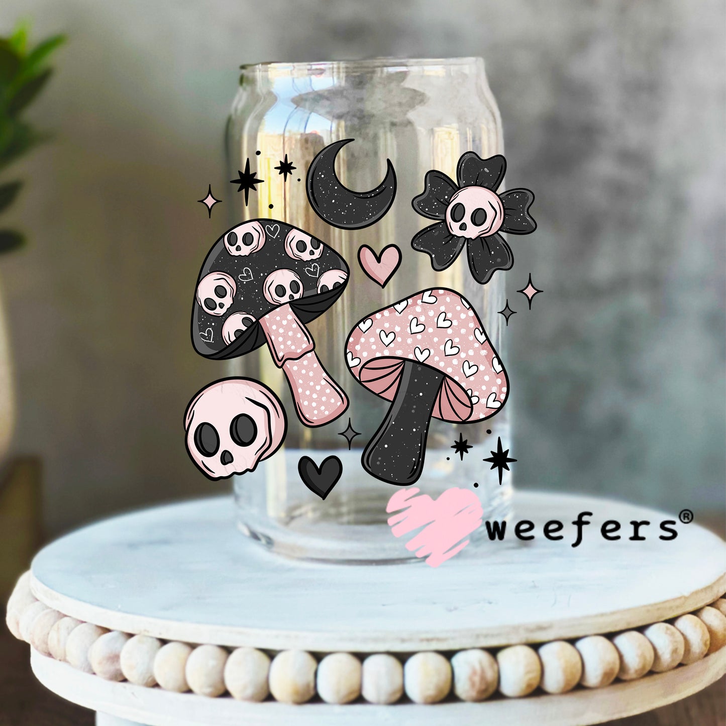 Pink and Black Mushrooms and Skulls UV DTF Decal 16oz Libbey Glass Original Size Weefers