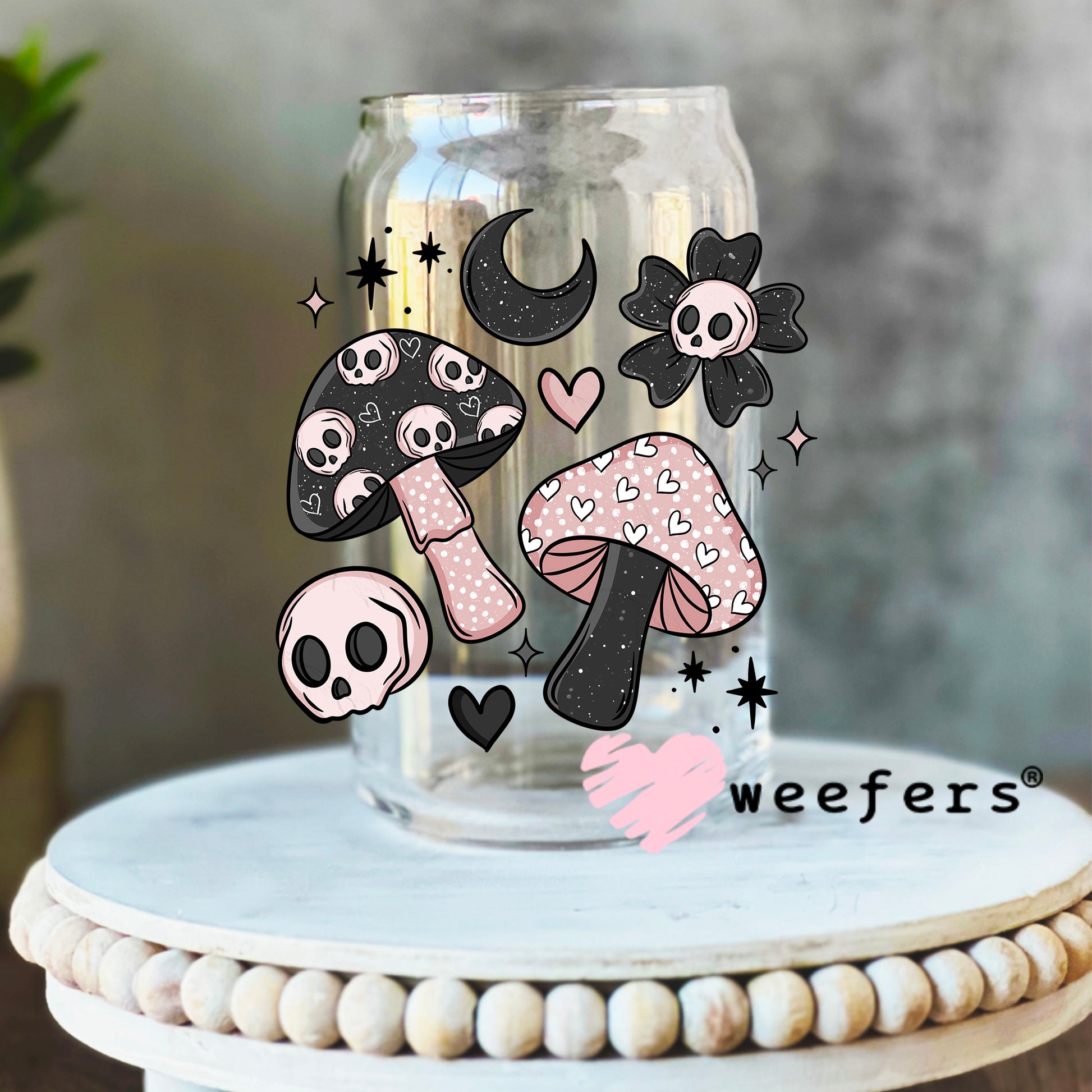 Pink and Black Mushrooms and Skulls UV DTF Decal 16oz Libbey Glass Original Size Weefers