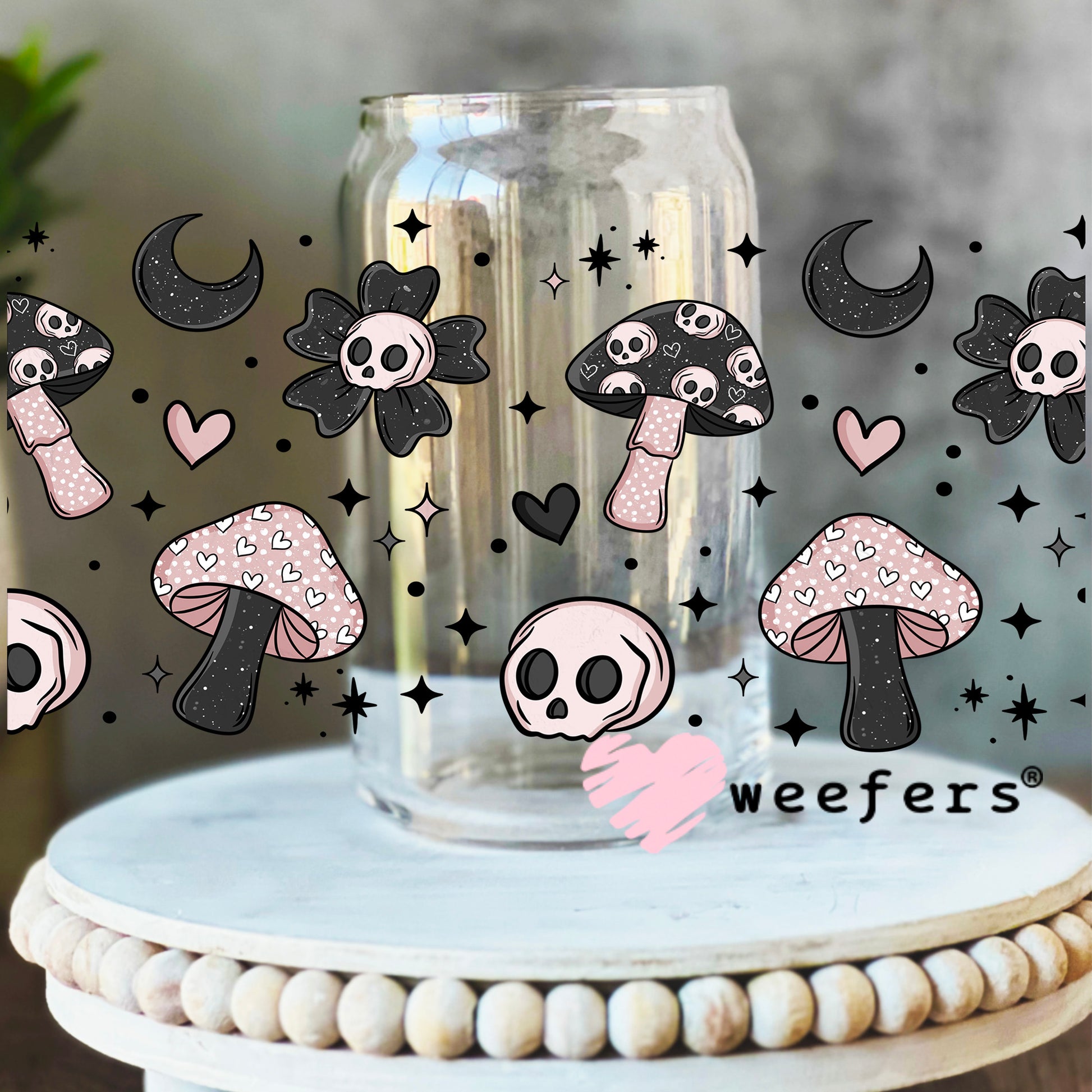 Pink and Black Mushrooms and Skulls UV DTF Cup Wrap 16oz Libbey Glass Original Size Weefers