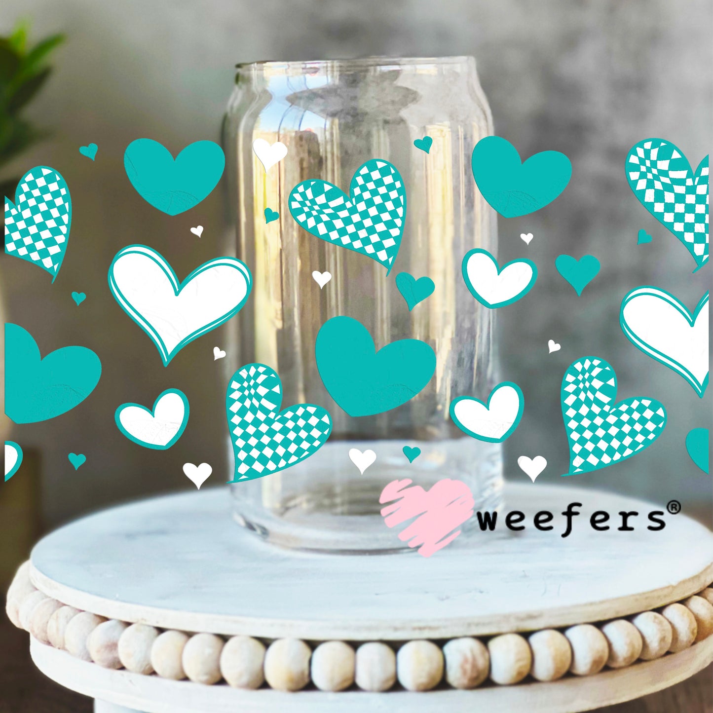 Teal Hearts UV DTF Cup Wrap 16oz Libbey Glass Original Size Weefers