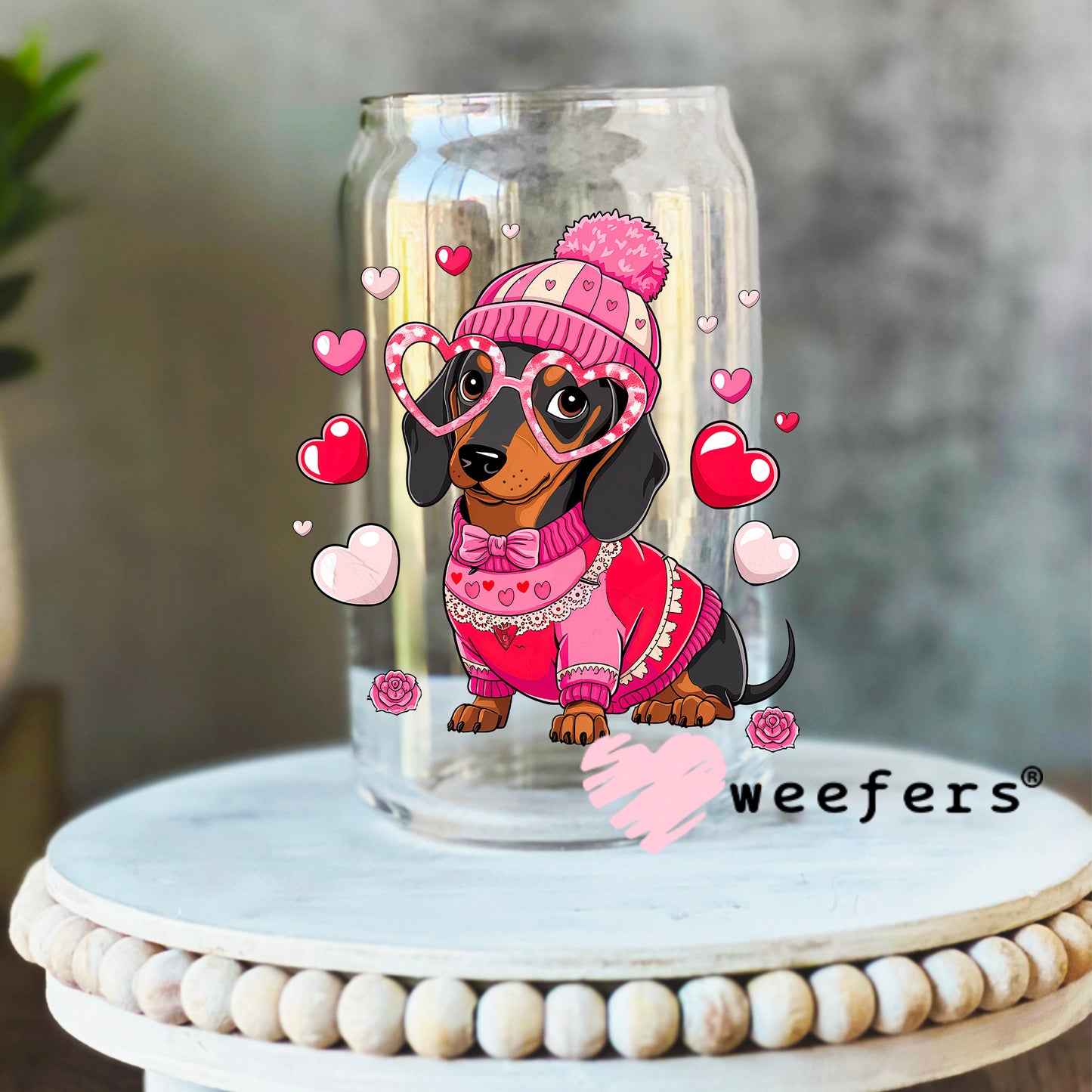 Dachshund Valentine Love Bug UV DTF Decal 16oz Libbey Glass Original Size Weefers