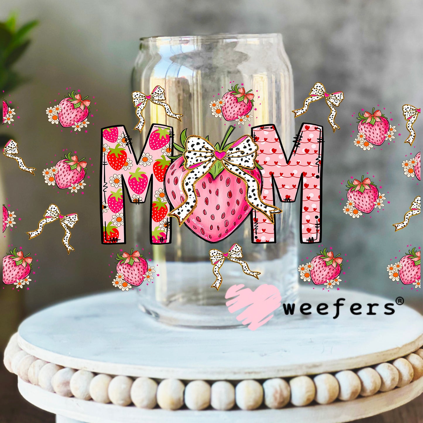 Coquette Mom Strawberries UV DTF Cup Wrap 16oz Libbey Glass Original Size Weefers