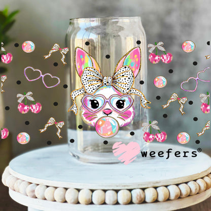 Coquette Bubble Blowing Easter Bunny UV DTF Cup Wrap 16oz Libbey Glass Original Size Weefers