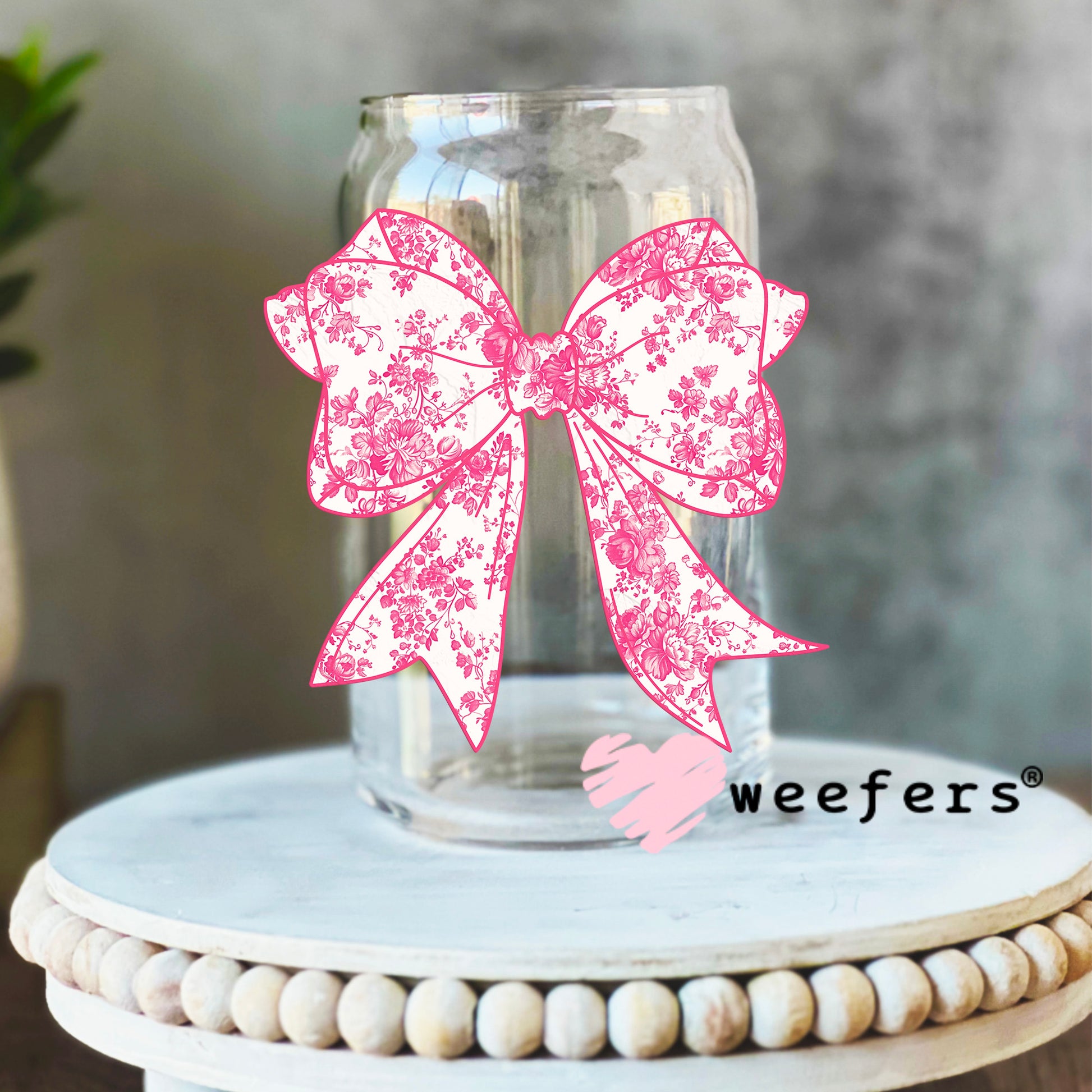 Coquette Pink Toile Bow UV DTF Decal 16oz Libbey Glass Original Size Weefers