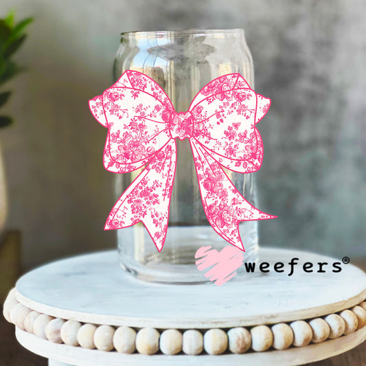 Coquette Pink Toile Bow UV DTF Decal 16oz Libbey Glass Original Size Weefers