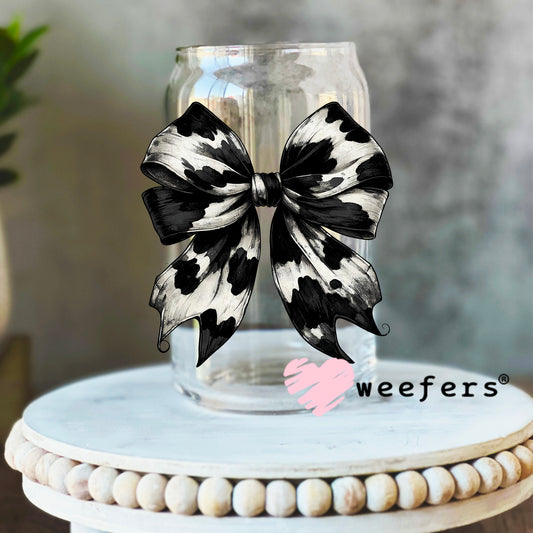 Black Cow Print Bow UV DTF Decal 16oz Libbey Glass Original Size Weefers