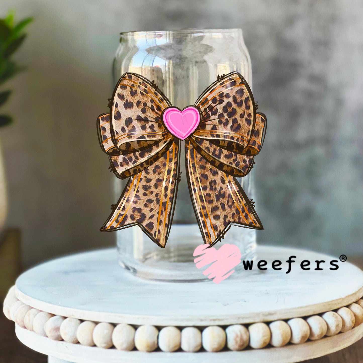 Cheetah Print Pink Heart Bow UV DTF Decal 16oz Libbey Glass Original Size Weefers
