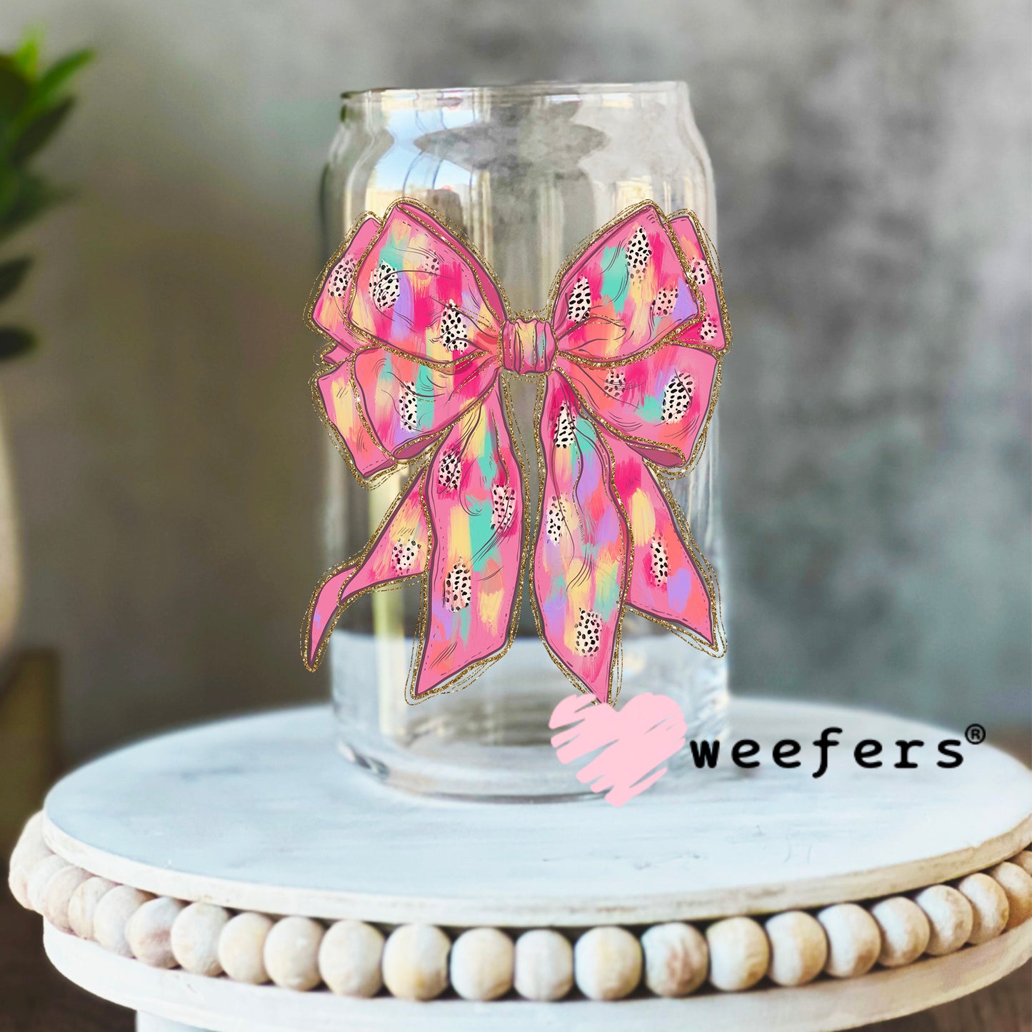 Glitter Pink Teal Bow UV DTF Decal 16oz Libbey Glass Original Size Weefers