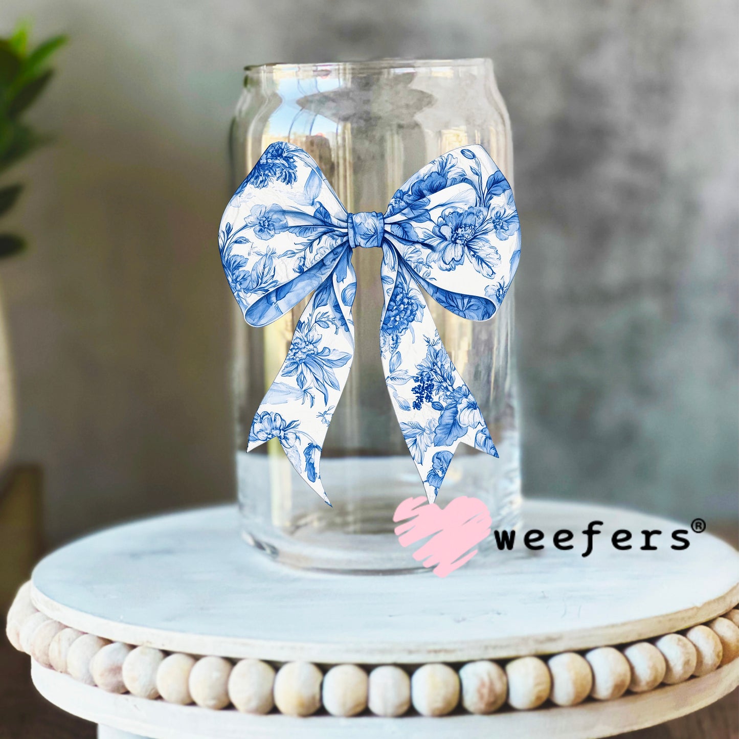 Coquette Blue Toile Bow UV DTF Decal 16oz Libbey Glass Original Size Weefers