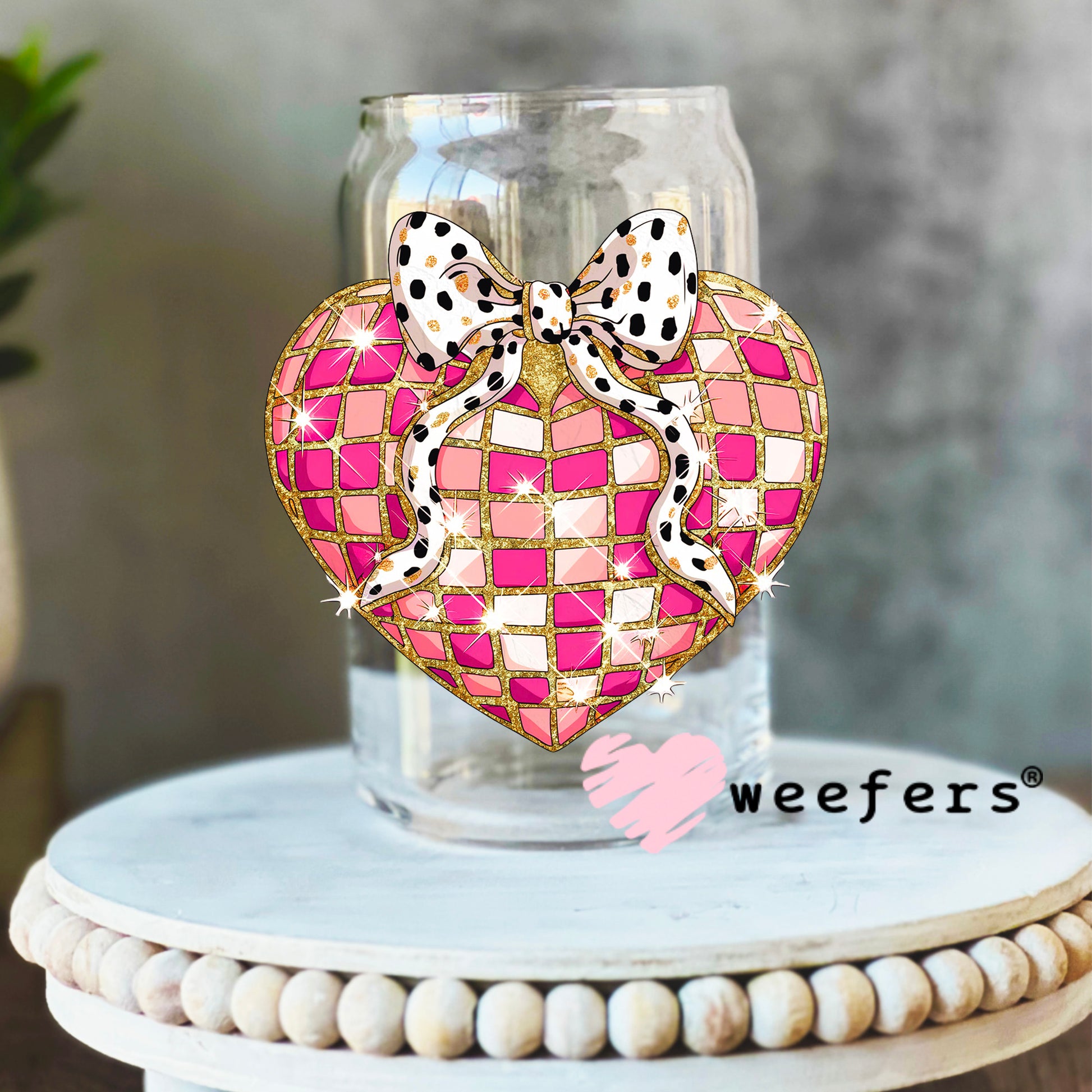 Disco Heart Bow UV DTF Decal 16oz Libbey Glass Original Size Weefers