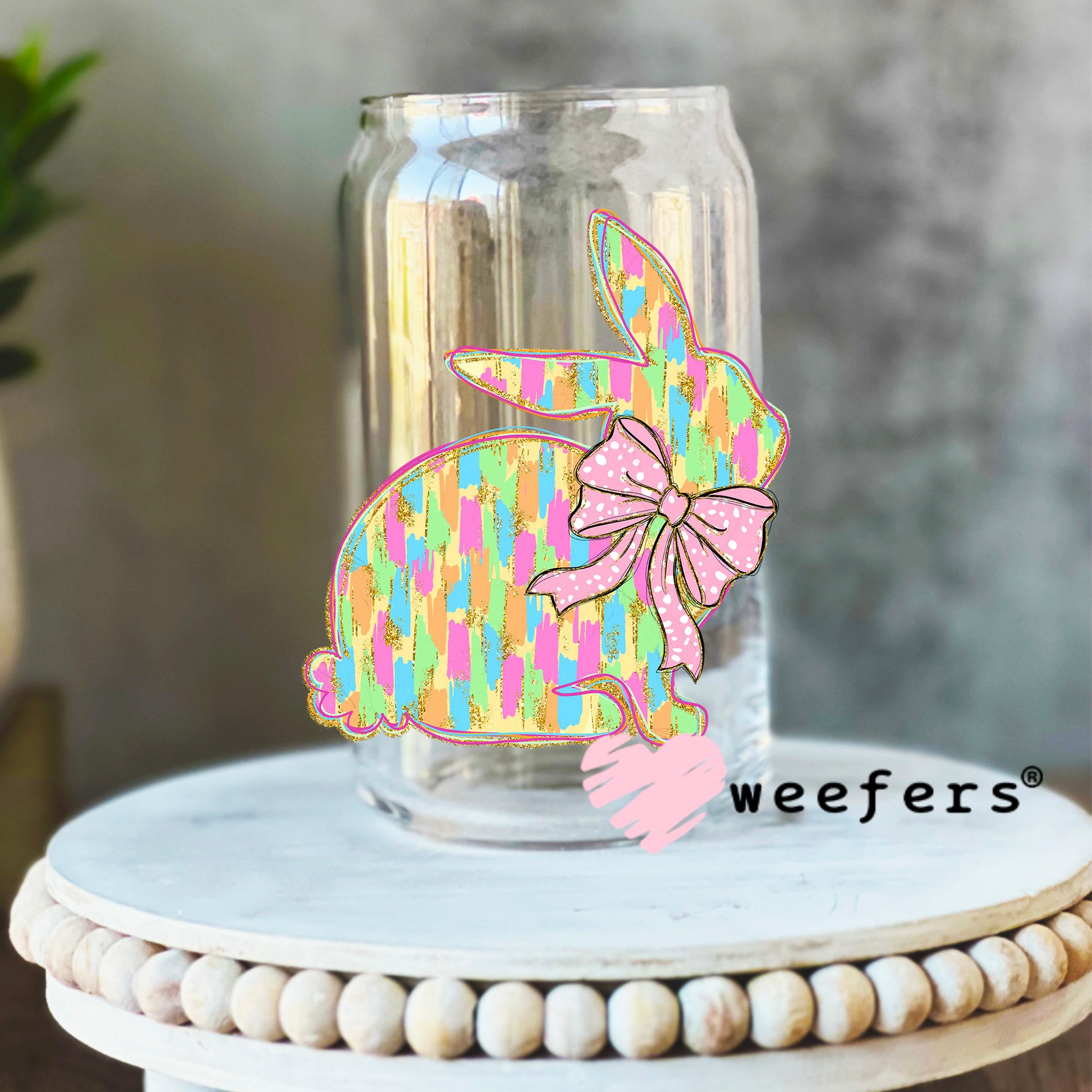 Easter Bunny Pastels Pink Bow UV DTF Decal 16oz Libbey Glass Original Size Weefers