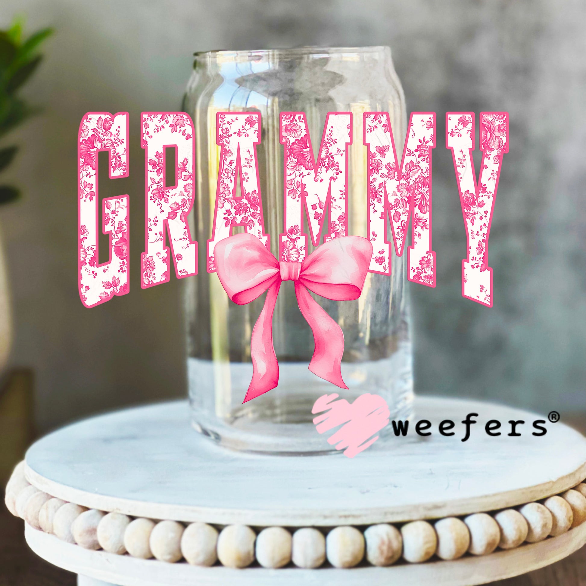 Grammy Pink Toile UV DTF Decal 16oz Libbey Glass Original Size Weefers
