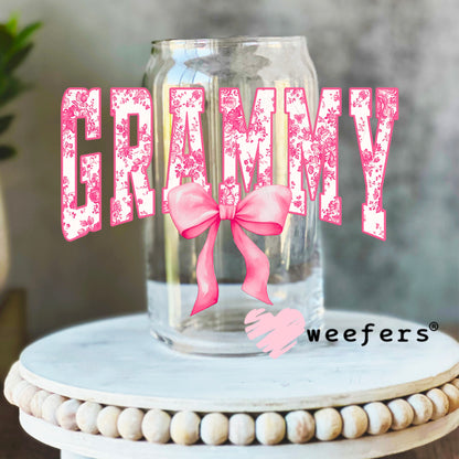 Grammy Pink Toile UV DTF Decal 16oz Libbey Glass Original Size Weefers