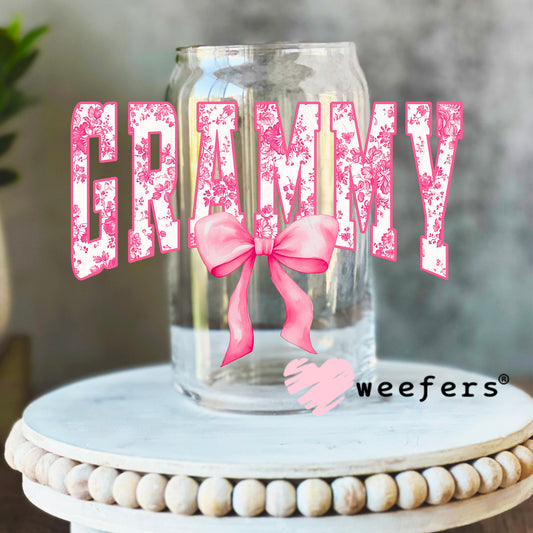 Grammy Pink Toile UV DTF Decal 16oz Libbey Glass Original Size Weefers