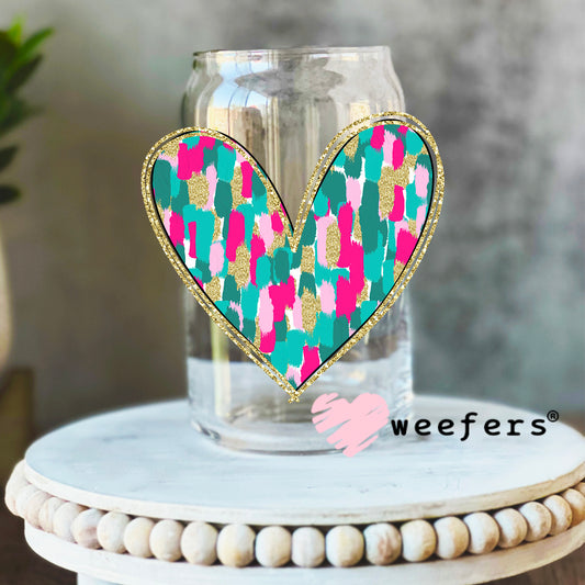 Glitter Colorful Heart UV DTF Decal 16oz Libbey Glass Original Size Weefers