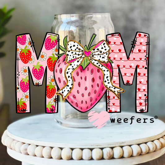 Mom Strawberry Dotted Bow UV DTF Decal 16oz Libbey Glass Original Size Weefers
