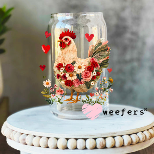 Floral Rooster UV DTF Decal 16oz Libbey Glass Original Size Weefers