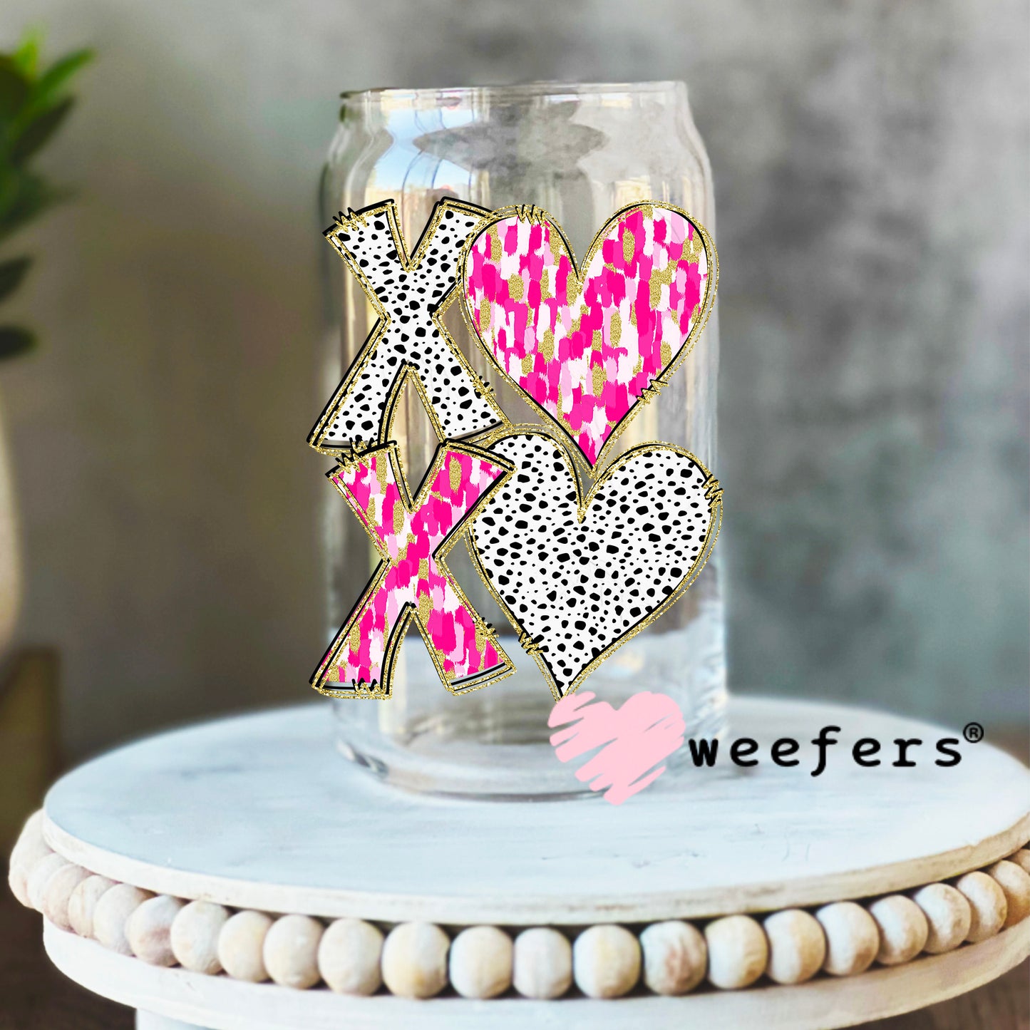 XOXO Pink Black Glitter Polka Dots UV DTF Decal 16oz Libbey Glass Original Size Weefers