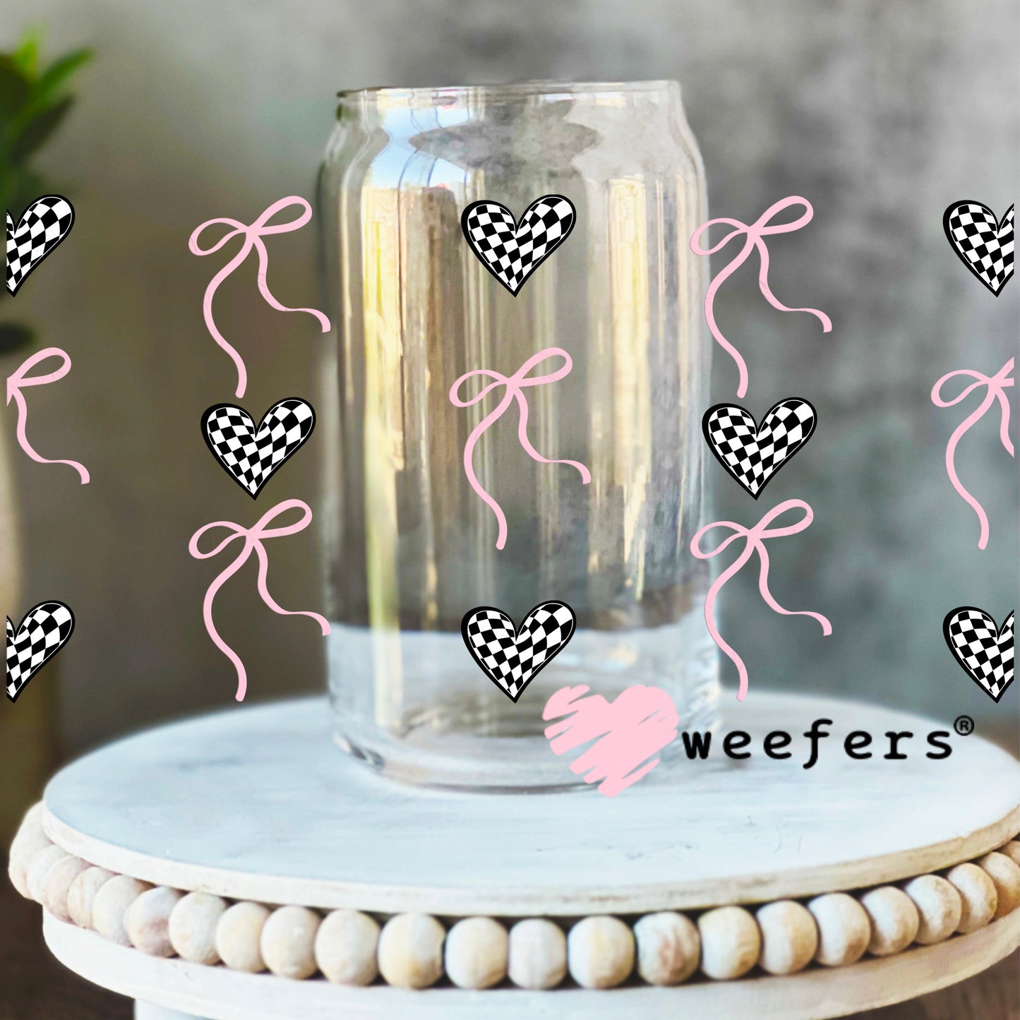Coquette Pink Bows and Black Checkered Hearts UV DTF Cup Wrap 16oz Libbey Glass Original Size Weefers
