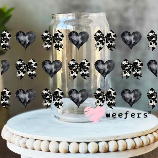 Black Cow Print Bows and Black Hearts UV DTF Cup Wrap 16oz Libbey Glass Original Size Weefers