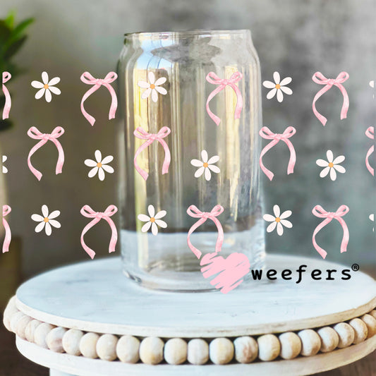 Pink Coquette Bows and Dainty Daisies UV DTF Cup Wrap 16oz Libbey Glass Original Size Weefers