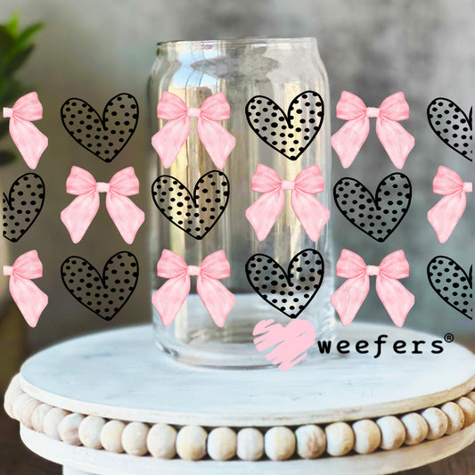 Black Dotted Hearts Pink Coquette Bows UV DTF Cup Wrap 16oz Libbey Glass Original Size Weefers