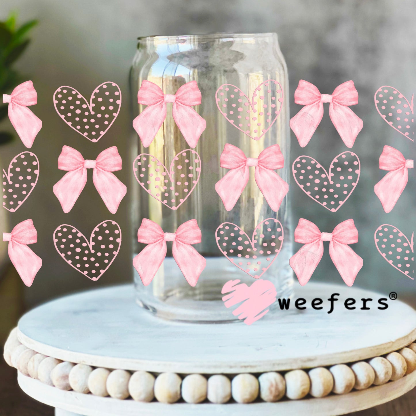 Pink Dotted Hearts Pink Coquette Bows UV DTF Cup Wrap 16oz Libbey Glass Original Size Weefers