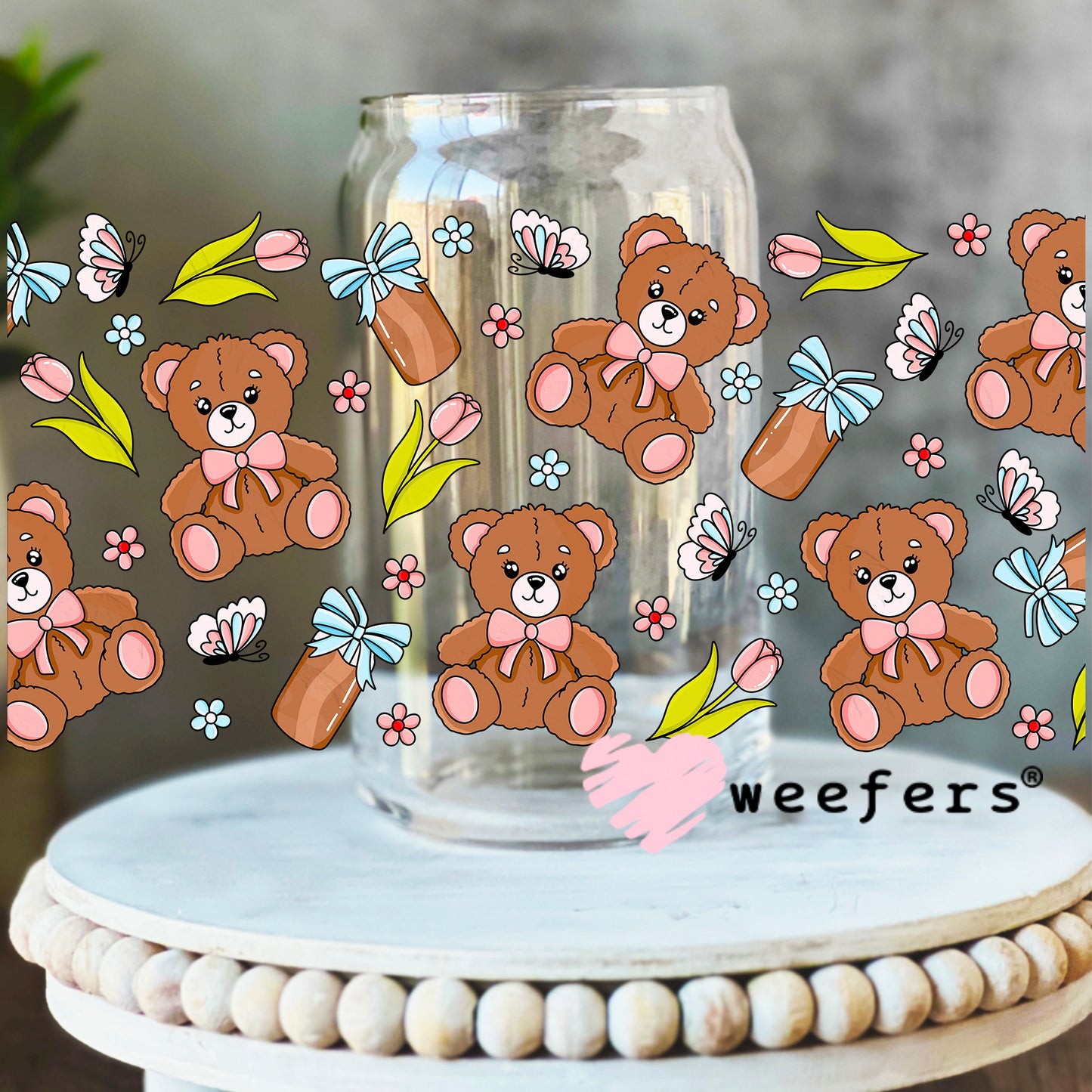 Teddy Bear Butterflies and Flowers UV DTF Cup Wrap 16oz Libbey Glass Original Size Weefers