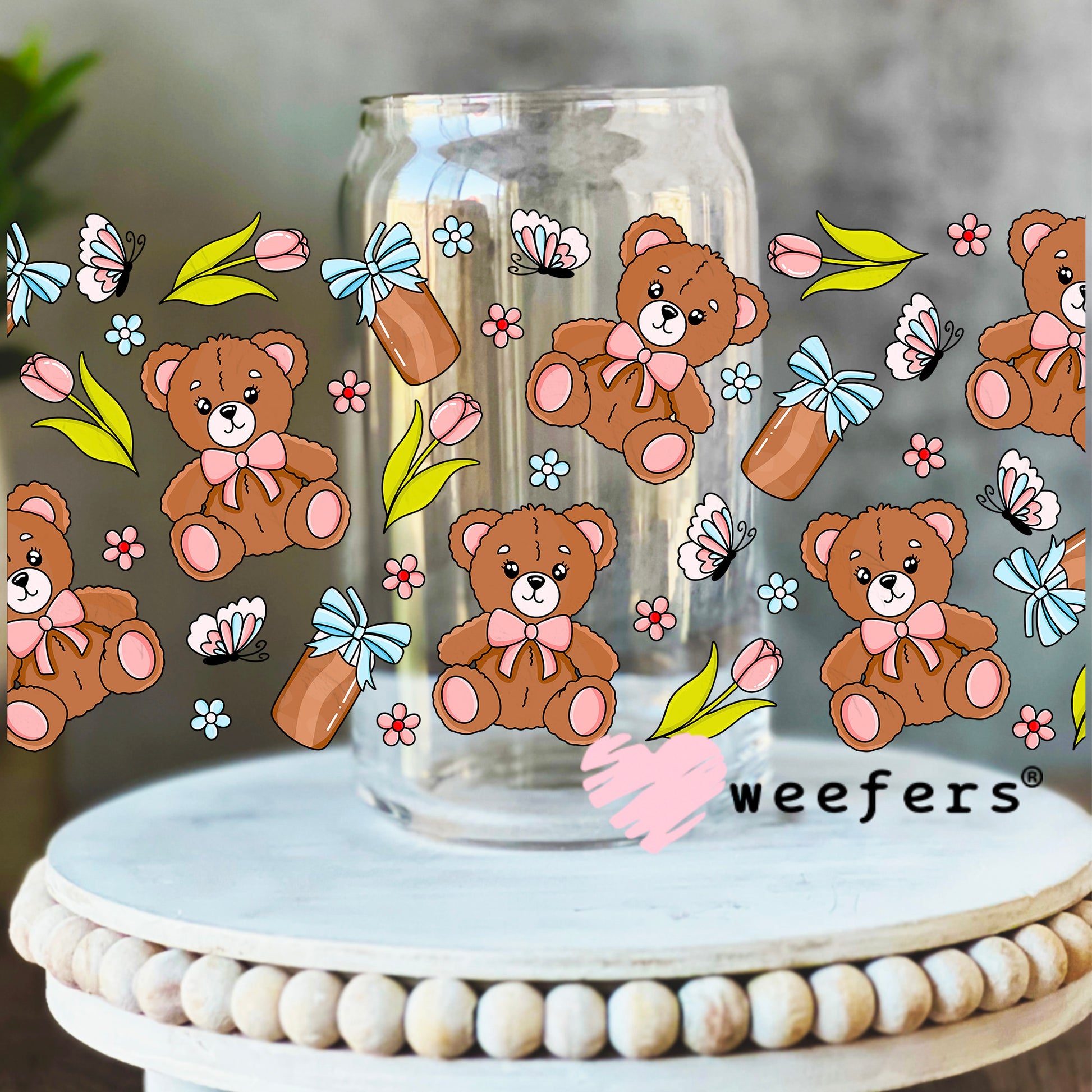 Teddy Bear Butterflies and Flowers UV DTF Cup Wrap 16oz Libbey Glass Original Size Weefers