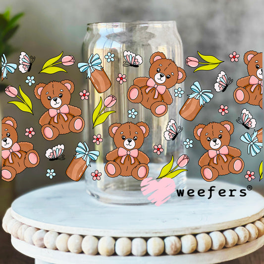 Teddy Bear Butterflies and Flowers UV DTF Cup Wrap 16oz Libbey Glass Original Size Weefers